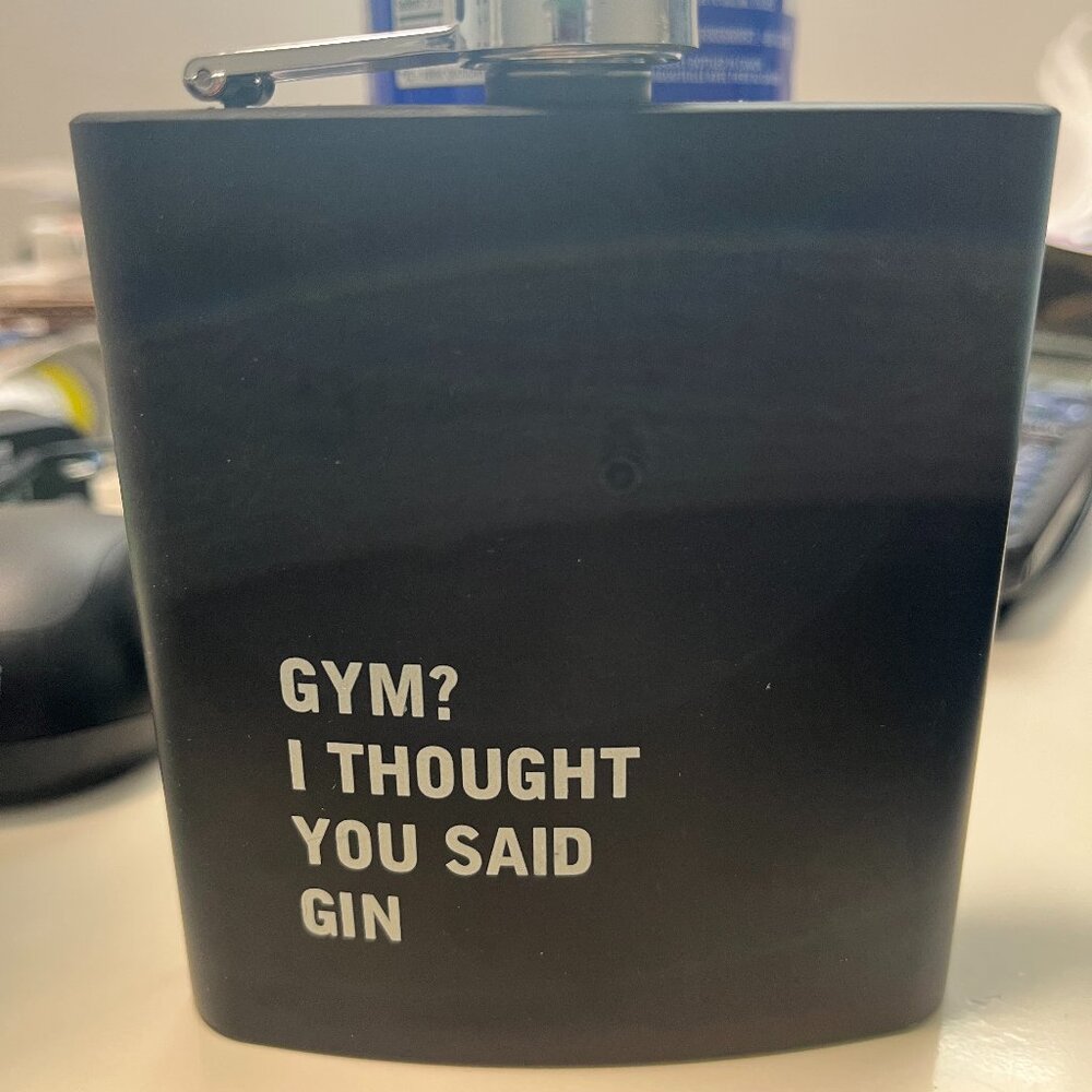 NWOT Flask, stainless steel, black, 6 oz., laser engraved with funny saying